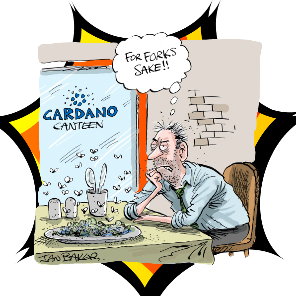 After three long months, diner at Cardano staff canteen finally receives a fork.